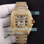 Fully Iced Out Santos de Cartier Replica Yellow Gold Diamonds Watch